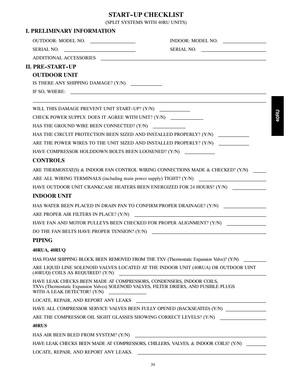 Start--up checklist | Carrier 40RU User Manual | Page 39 / 40
