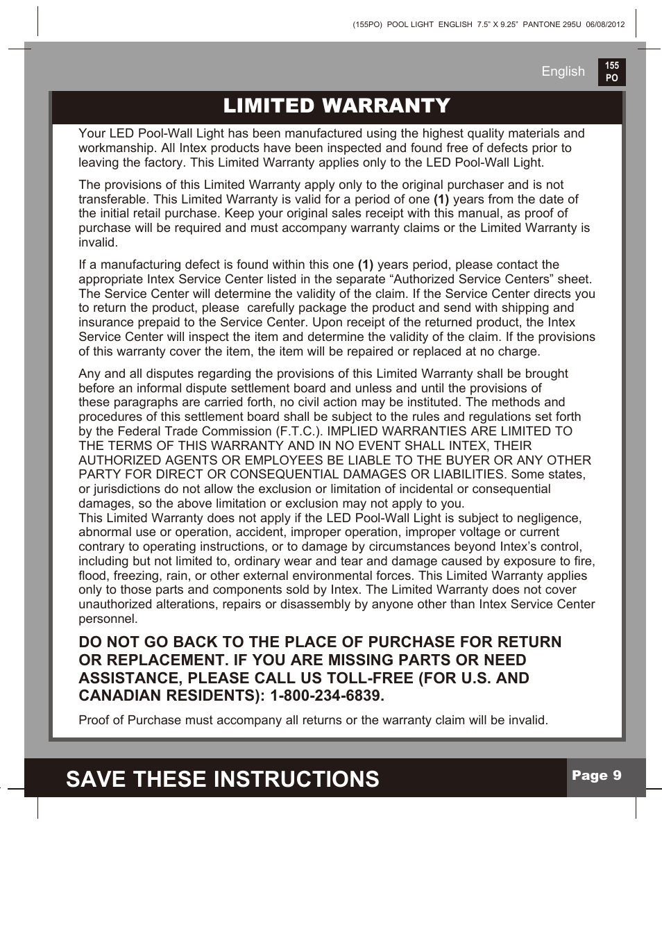 Save these instructions, Parts list limited warranty | Intex WL3110 2013 User Manual | Page 9 / 9
