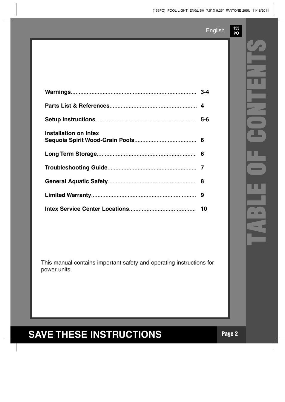 Tt aa bb ll ee oo ff cc oo nn tt ee nn tt ss | Intex WL3110 2012 User Manual | Page 2 / 11