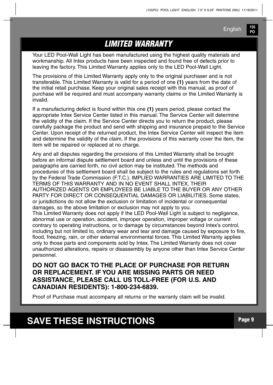 Save these instructions, Parts list limited warranty | Intex WL3110 2012 User Manual | Page 9 / 11