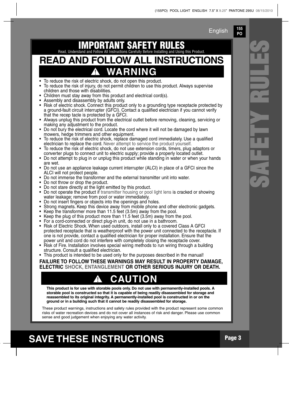 Ss aa ff ee tt yy rr uu ll ee ss | Intex WL3110 2011 User Manual | Page 3 / 11