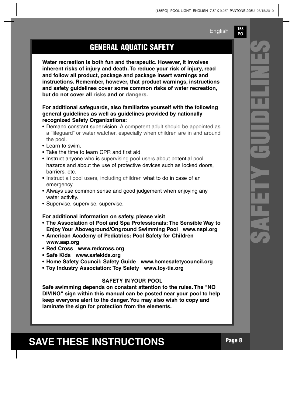 Sa f et y gui d elines, Save these instructions | Intex WL3110 2011 User Manual | Page 8 / 11