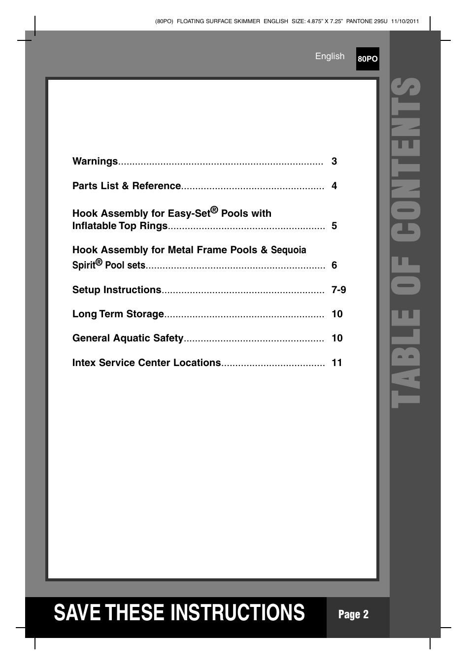 Tt aa bb ll ee oo ff cc oo nn tt ee nn tt ss | Intex Floating Surface Skimmer v.1 User Manual | Page 2 / 12