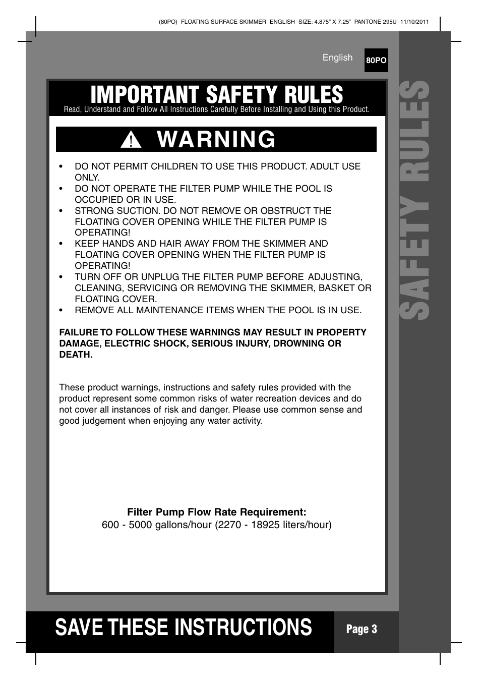 Ss aa ff ee tt yy rr uu ll ee ss, S ave these instructions, Important safety rules | Warning | Intex Floating Surface Skimmer v.1 User Manual | Page 3 / 12