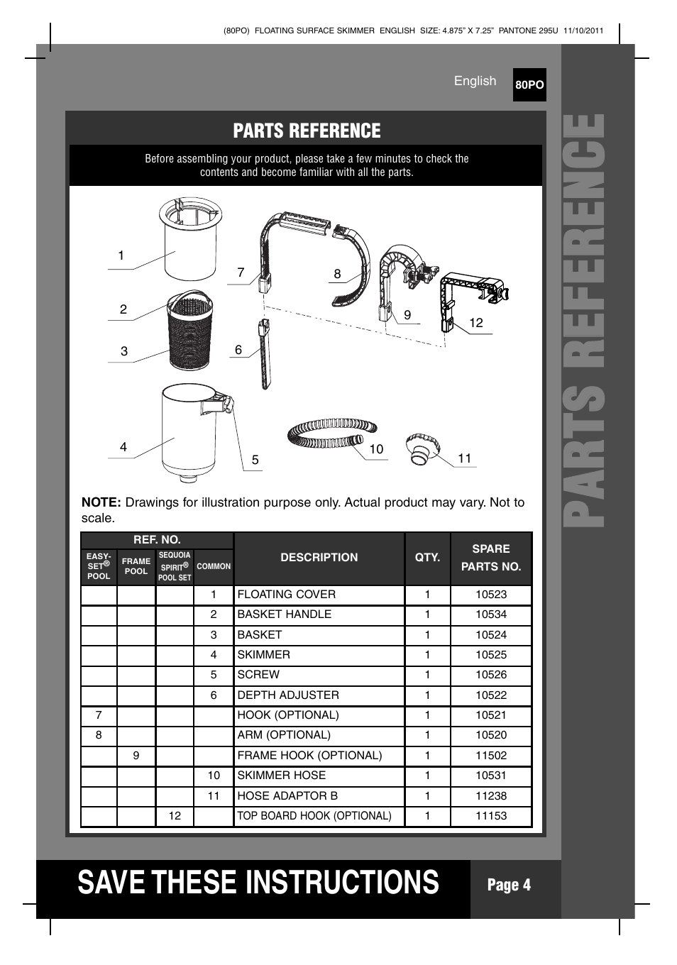 Pp aa rr tt ss rr ee ff ee rr ee nn cc ee, S ave these instructions | Intex Floating Surface Skimmer v.1 User Manual | Page 4 / 12