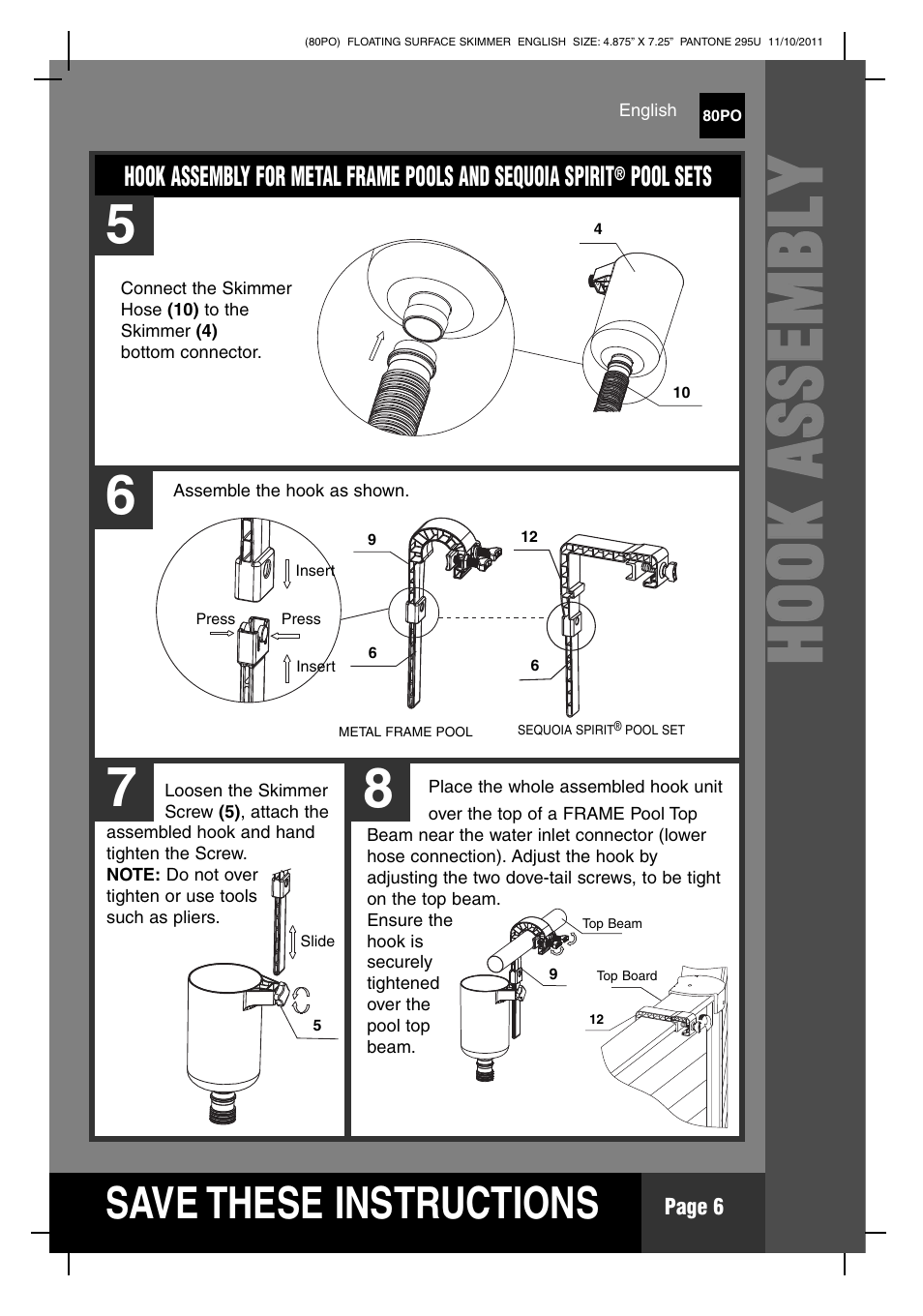 Hh oo oo kk aa ss ss ee mm bb llyy, S ave these instructions | Intex Floating Surface Skimmer v.1 User Manual | Page 6 / 12