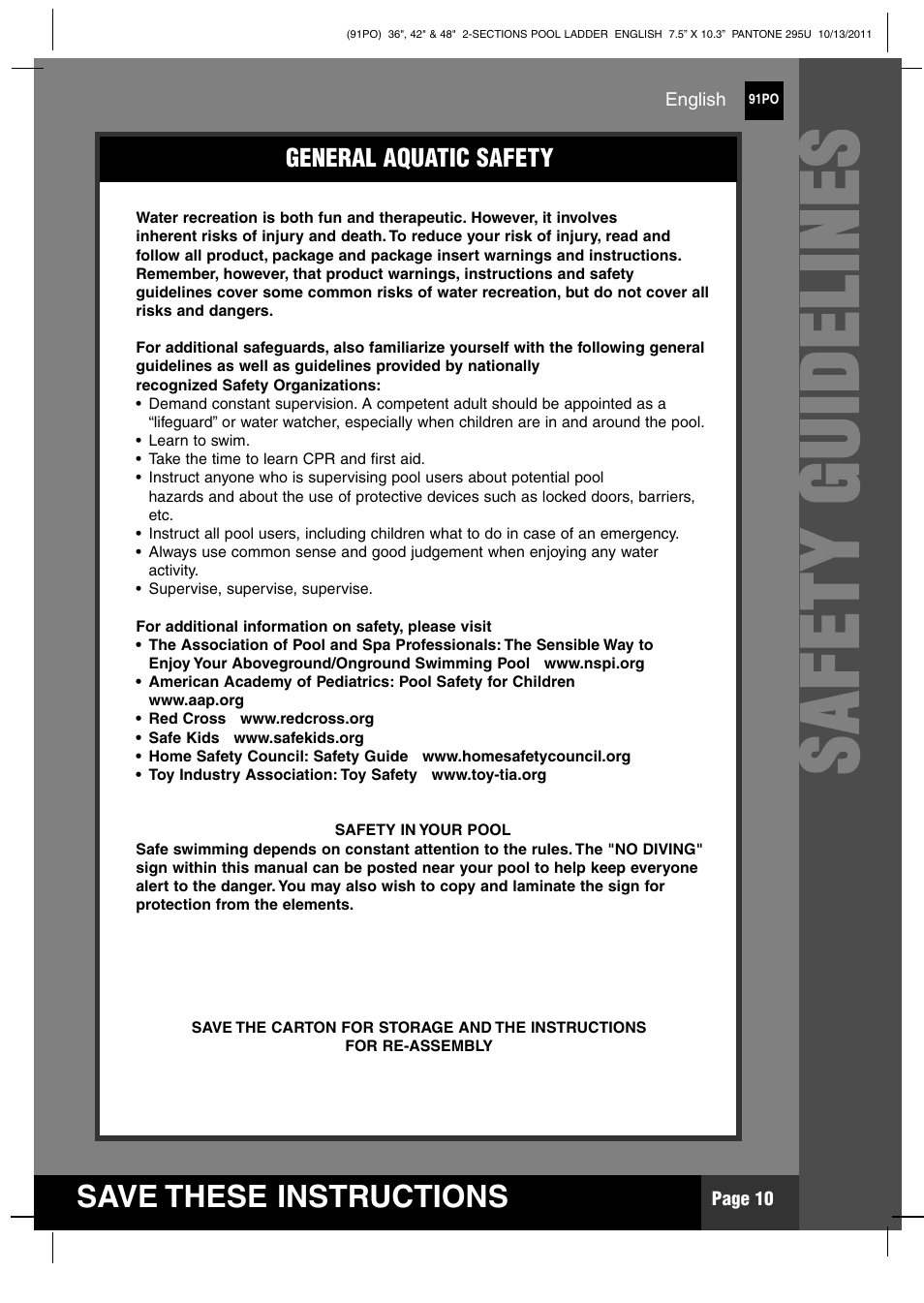 Ss aa ff ee tt yy gg uu iidd ee ll iinn ee ss | Intex Pool Ladder 2012 User Manual | Page 10 / 12