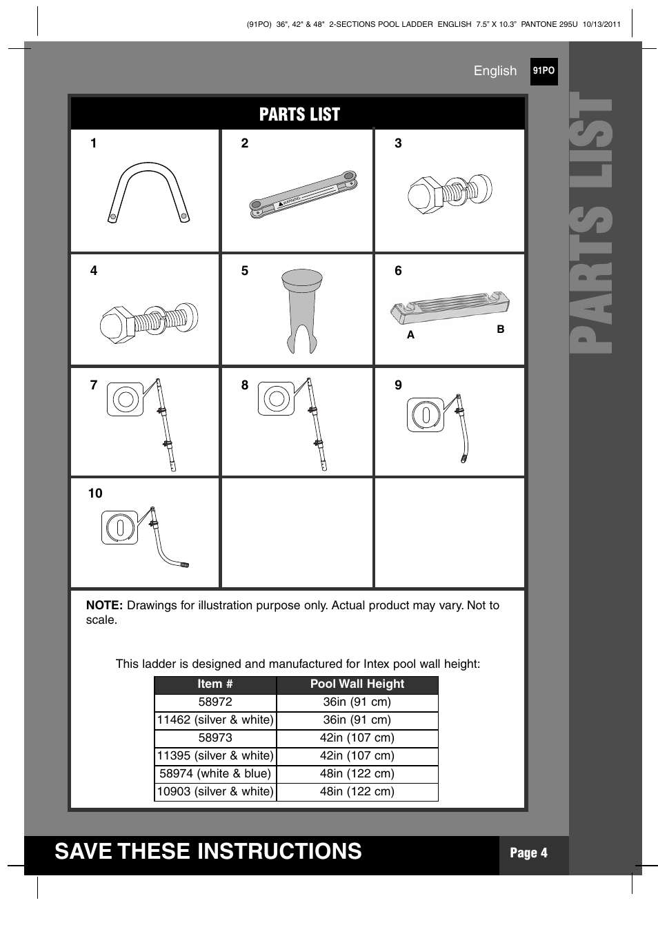 Pp aa rr tt ss ll iiss tt, Save these instructions | Intex Pool Ladder 2012 User Manual | Page 4 / 12