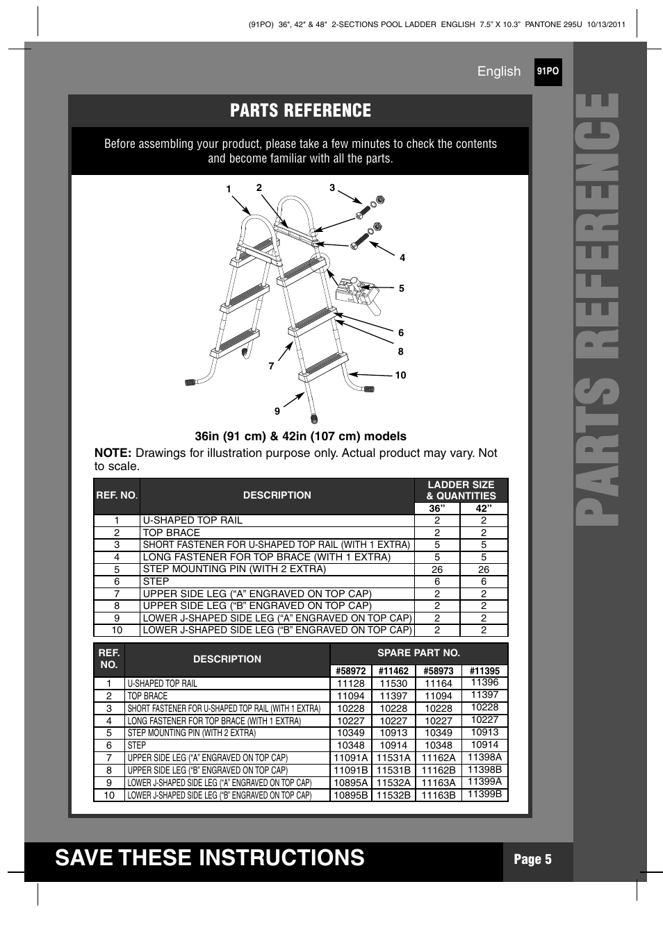 Pp aa rr tt ss rr ee ff ee rr ee nn cc ee, Save these instructions, Parts reference | Intex Pool Ladder 2012 User Manual | Page 5 / 12