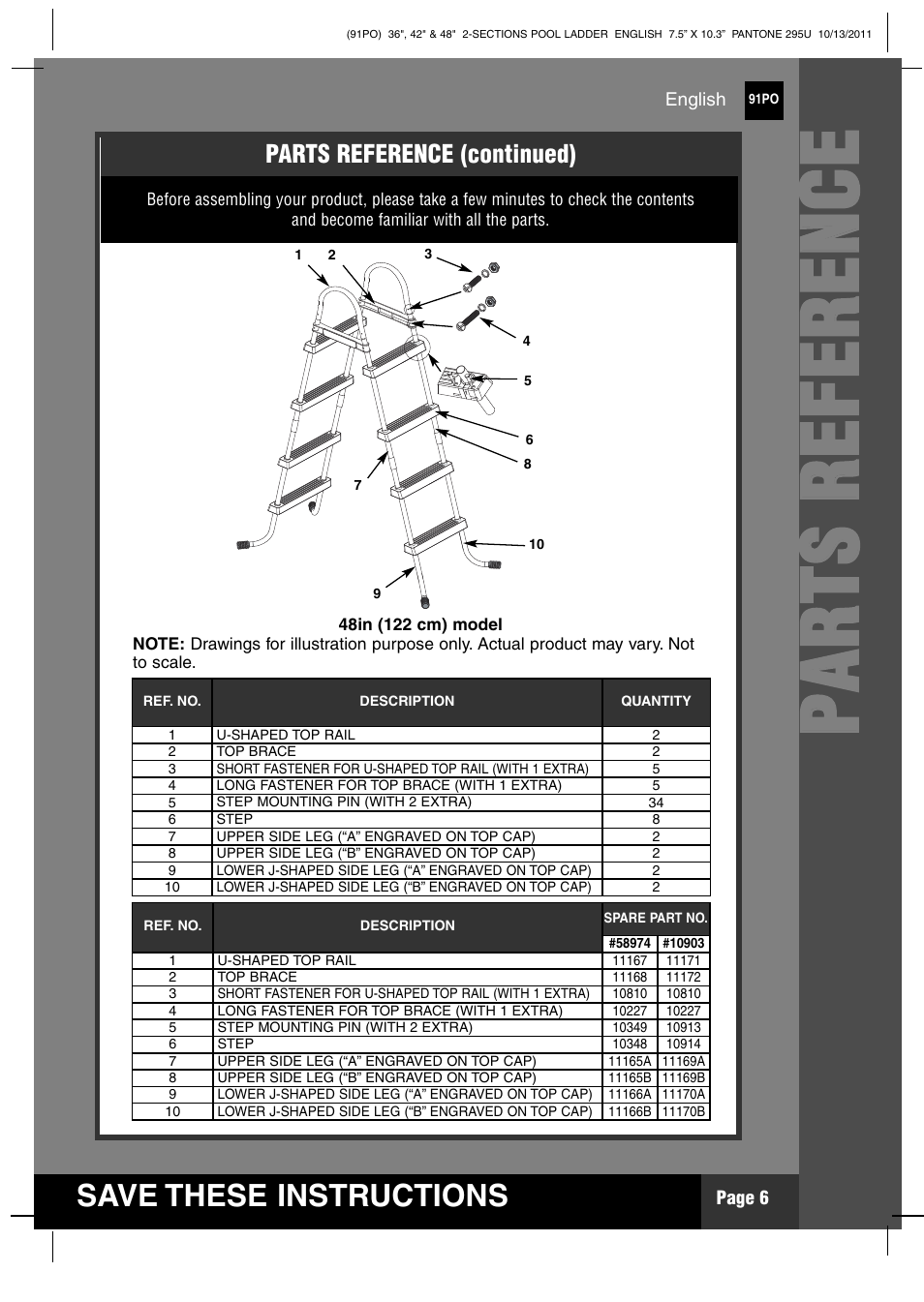 Pp aa rr tt ss rr ee ff ee rr ee nn cc ee, Save these instructions | Intex Pool Ladder 2012 User Manual | Page 6 / 12