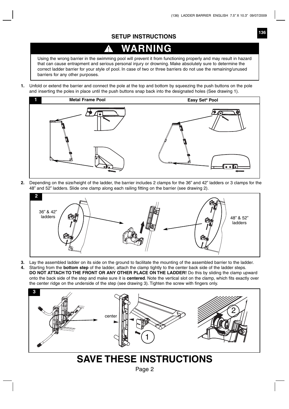Save these instructions, Warning | Intex Pool Ladder Barrier 20125 User Manual | Page 2 / 3