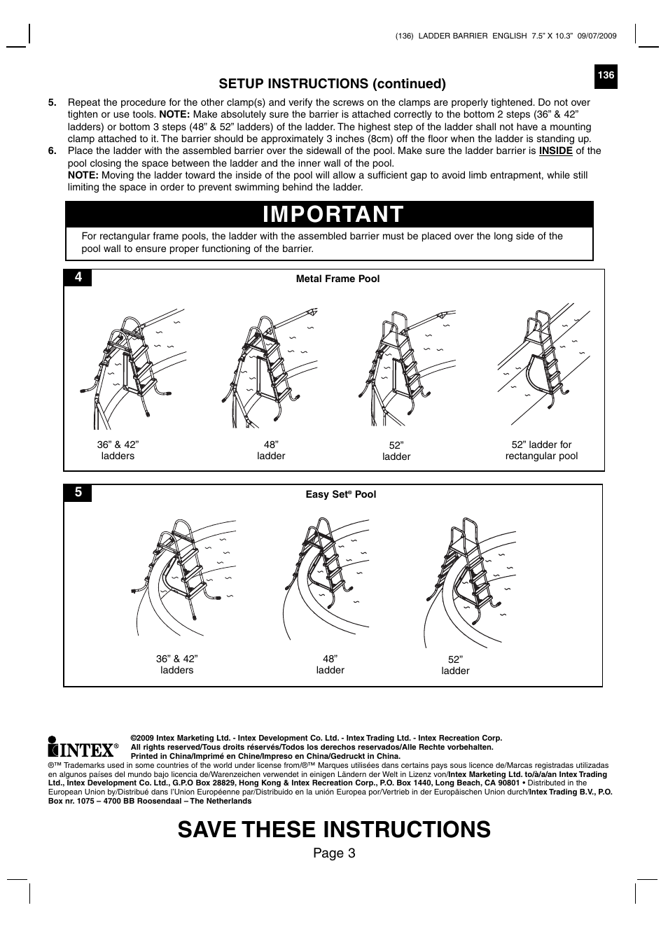 Save these instructions, Important, Page 3 | Setup instructions (continued) | Intex Pool Ladder Barrier 20125 User Manual | Page 3 / 3