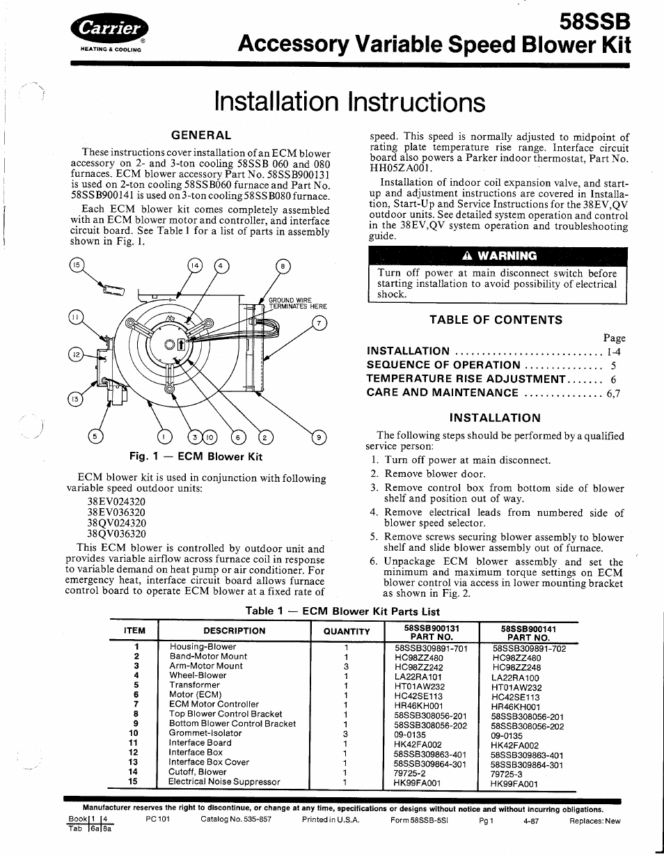 Carrier 58SSB User Manual | 8 pages