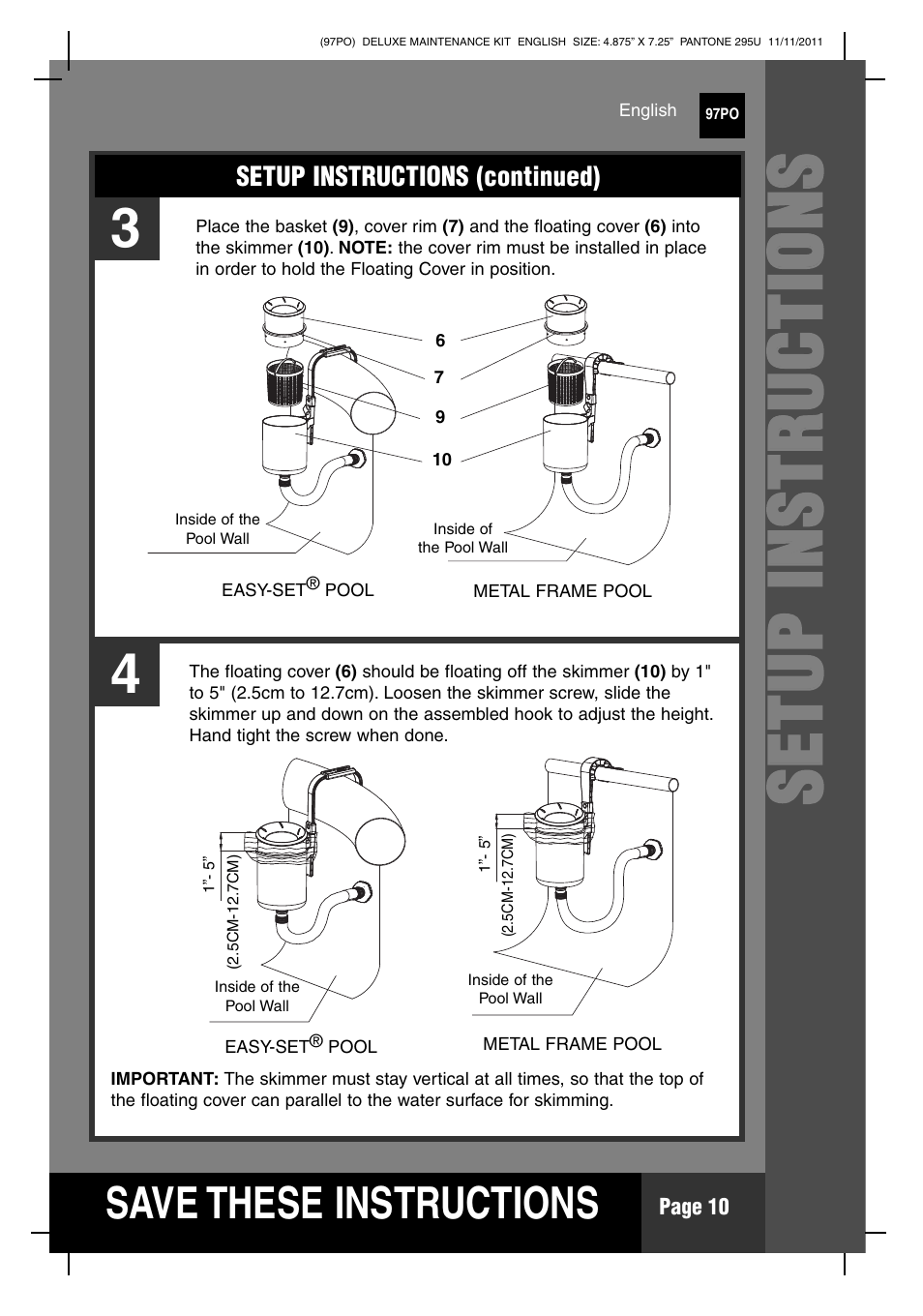 Ss ee tt uu pp ii nn ss tt rr uu cc tt iioo nn ss, S ave these instructions | Intex Deluxe Maintenance Kit 2012 User Manual | Page 10 / 20