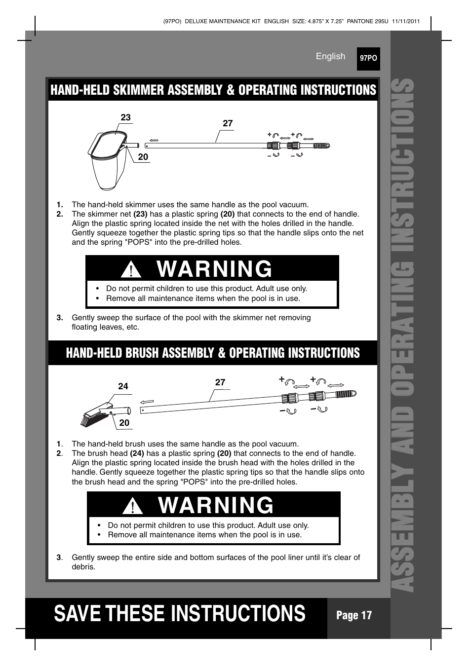 S ave these instructions, Warning | Intex Deluxe Maintenance Kit 2012 User Manual | Page 17 / 20