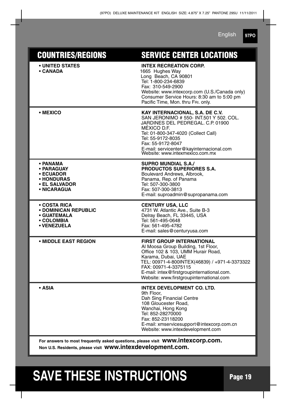 S ave these instructions, Countries/regions service center locations, Page 19 | Intex Deluxe Maintenance Kit 2012 User Manual | Page 19 / 20