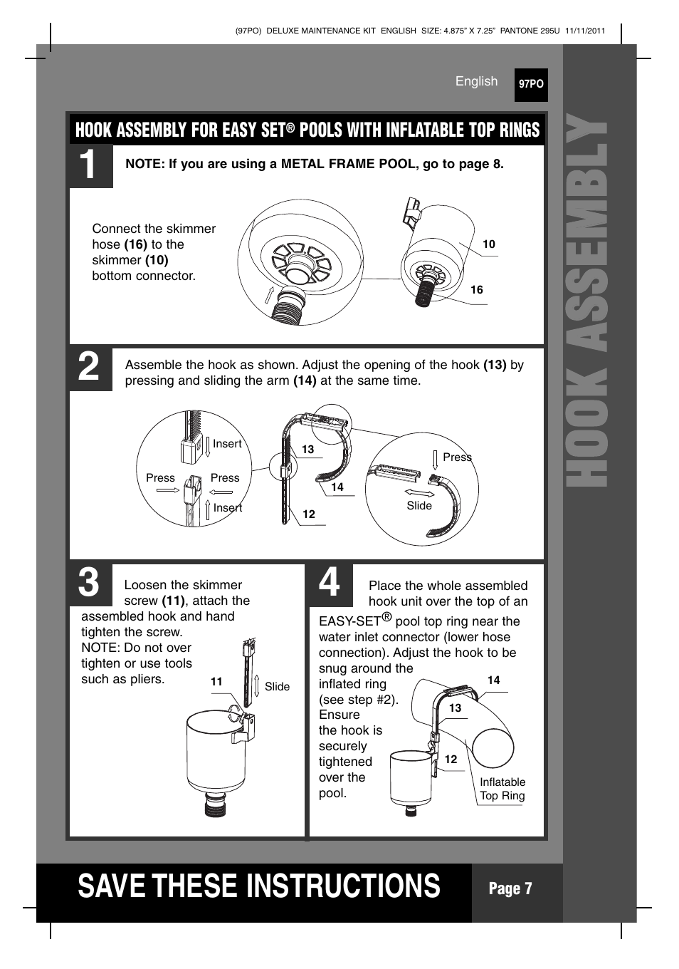 Hh oo oo kk aa ss ss ee mm bb llyy, S ave these instructions | Intex Deluxe Maintenance Kit 2012 User Manual | Page 7 / 20