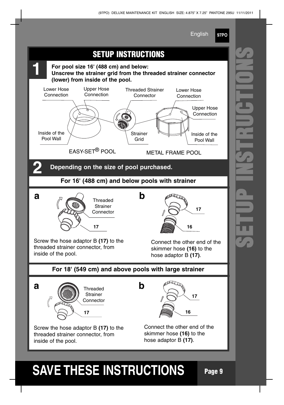 Ss ee tt uu pp ii nn ss tt rr uu cc tt iioo nn ss, S ave these instructions | Intex Deluxe Maintenance Kit 2012 User Manual | Page 9 / 20