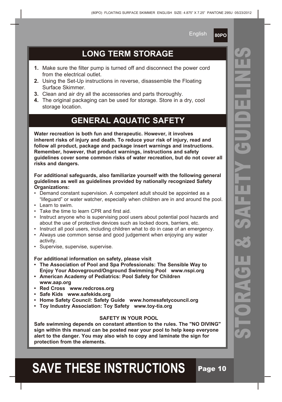 Storage & safety guidelines, S ave these instructions, Long term storage | General aquatic safety | Intex Floating Surface Skimmer v.2 User Manual | Page 10 / 10