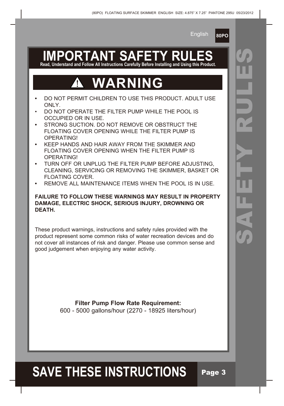 Safety rules, S ave these instructions, Important safety rules | Warning | Intex Floating Surface Skimmer v.2 User Manual | Page 3 / 10
