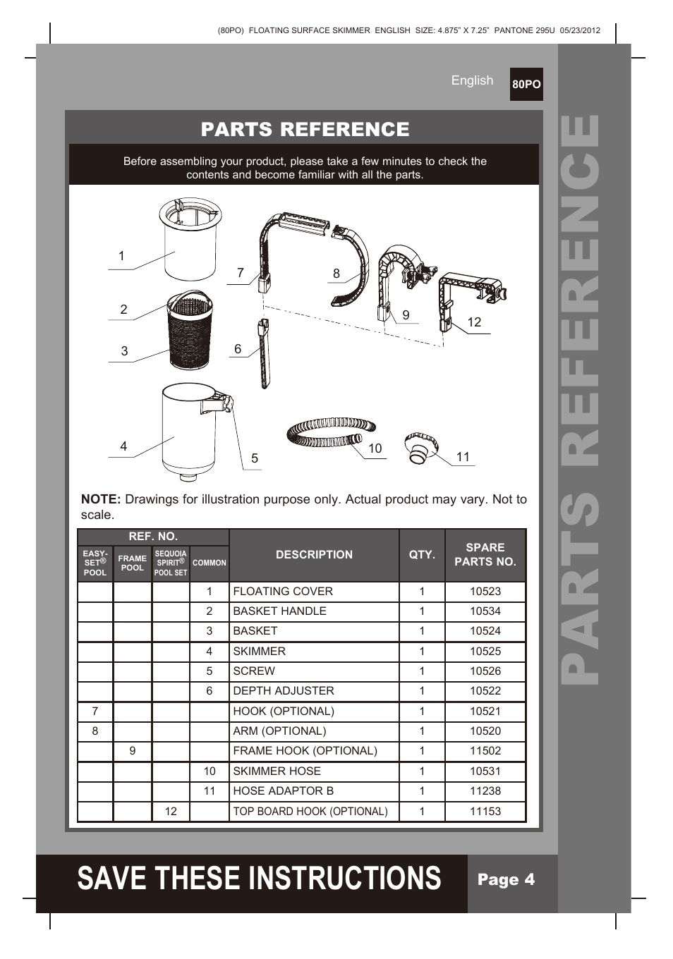 Parts reference, S ave these instructions, Page 4 | Intex Floating Surface Skimmer v.2 User Manual | Page 4 / 10