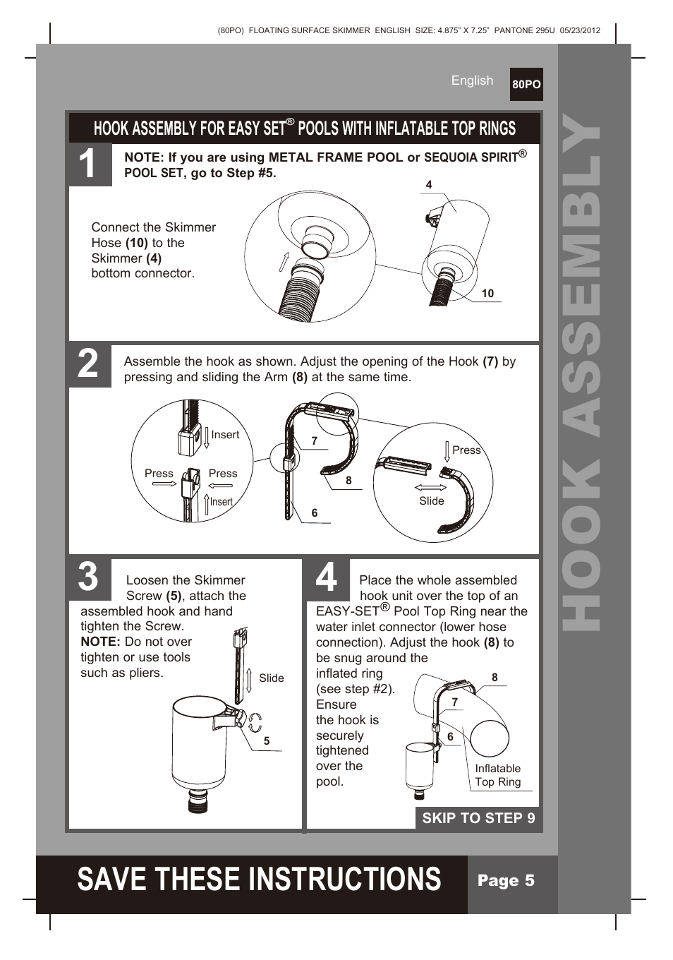 Hook assembly, S ave these instructions, Hook assembly for easy set | Pools with inflatable top rings | Intex Floating Surface Skimmer v.2 User Manual | Page 5 / 10