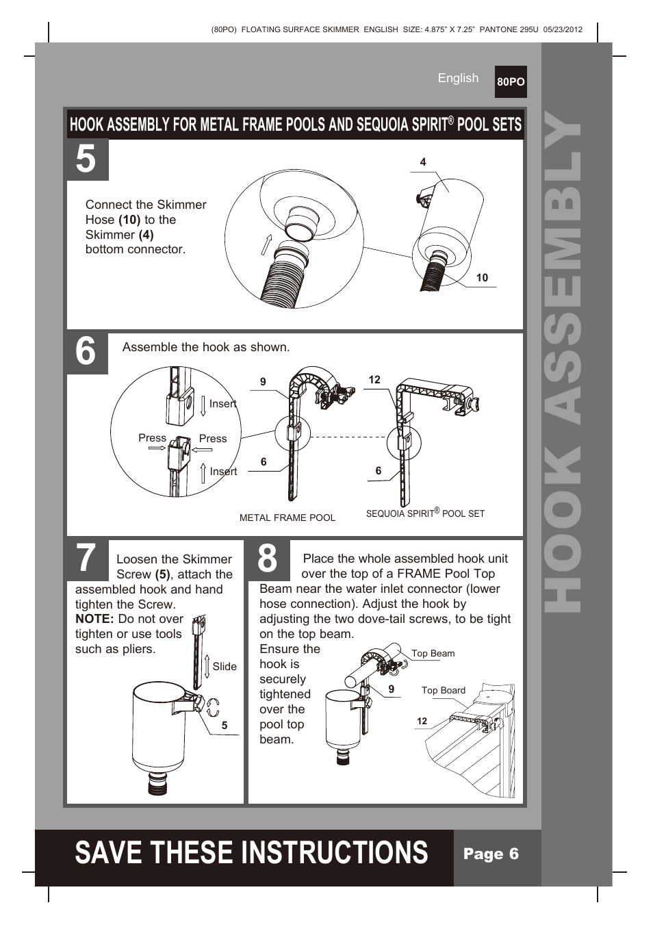 Hook assembly, S ave these instructions, Pool sets | Intex Floating Surface Skimmer v.2 User Manual | Page 6 / 10