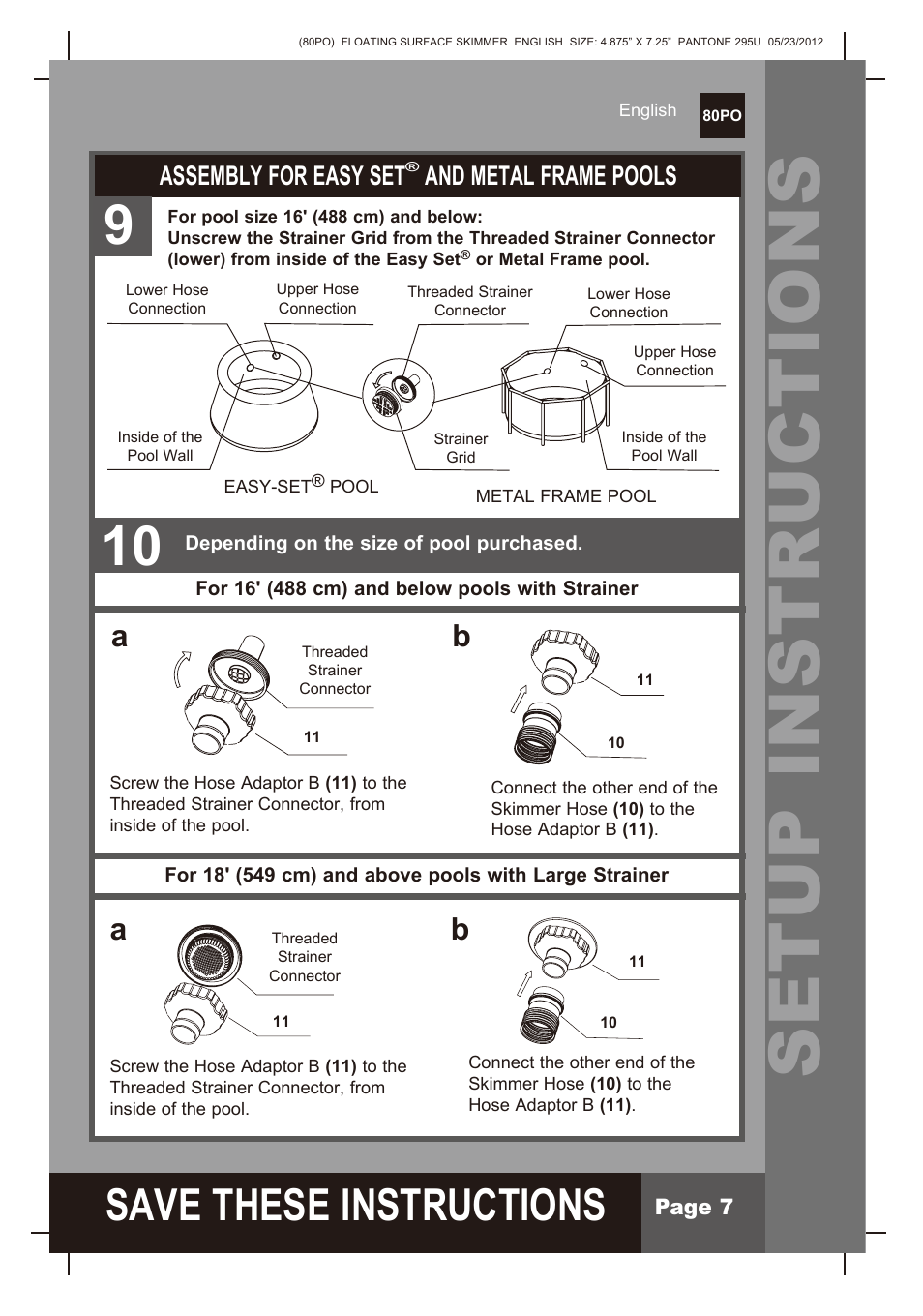 Setup instructions, S ave these instructions, Assembly for easy set | And metal frame pools | Intex Floating Surface Skimmer v.2 User Manual | Page 7 / 10