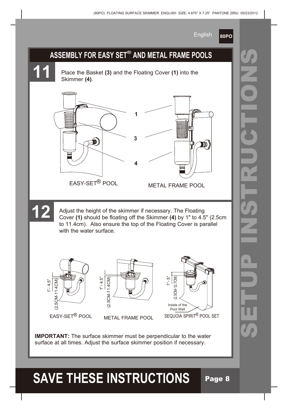 Setup instructions, S ave these instructions, Assembly for easy set | And metal frame pools | Intex Floating Surface Skimmer v.2 User Manual | Page 8 / 10