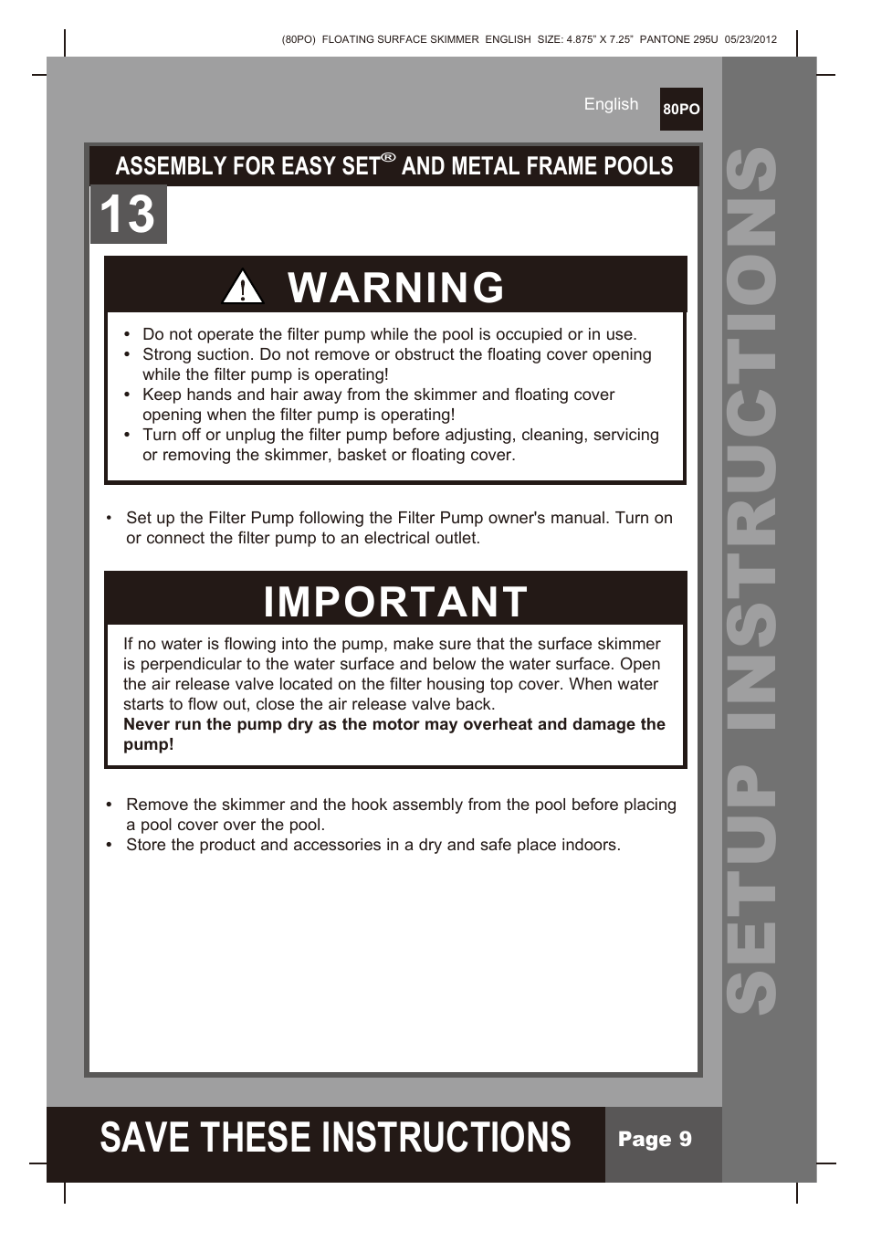 Setup instructions, S ave these instructions, Warning | Important | Intex Floating Surface Skimmer v.2 User Manual | Page 9 / 10