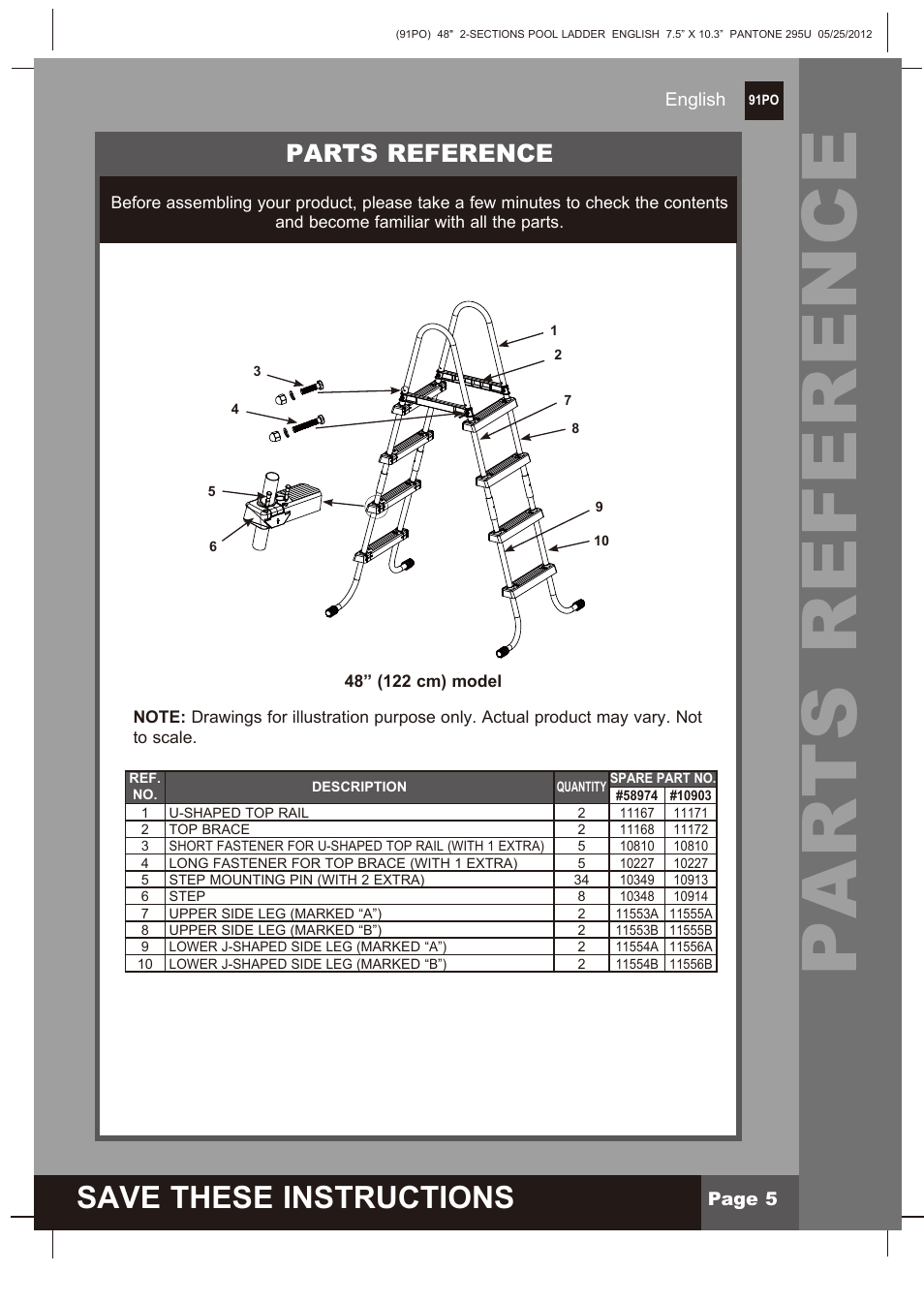 Save these instructions, Parts reference | Intex Pool Ladder For 48in (122 cm) model 2013 User Manual | Page 5 / 10