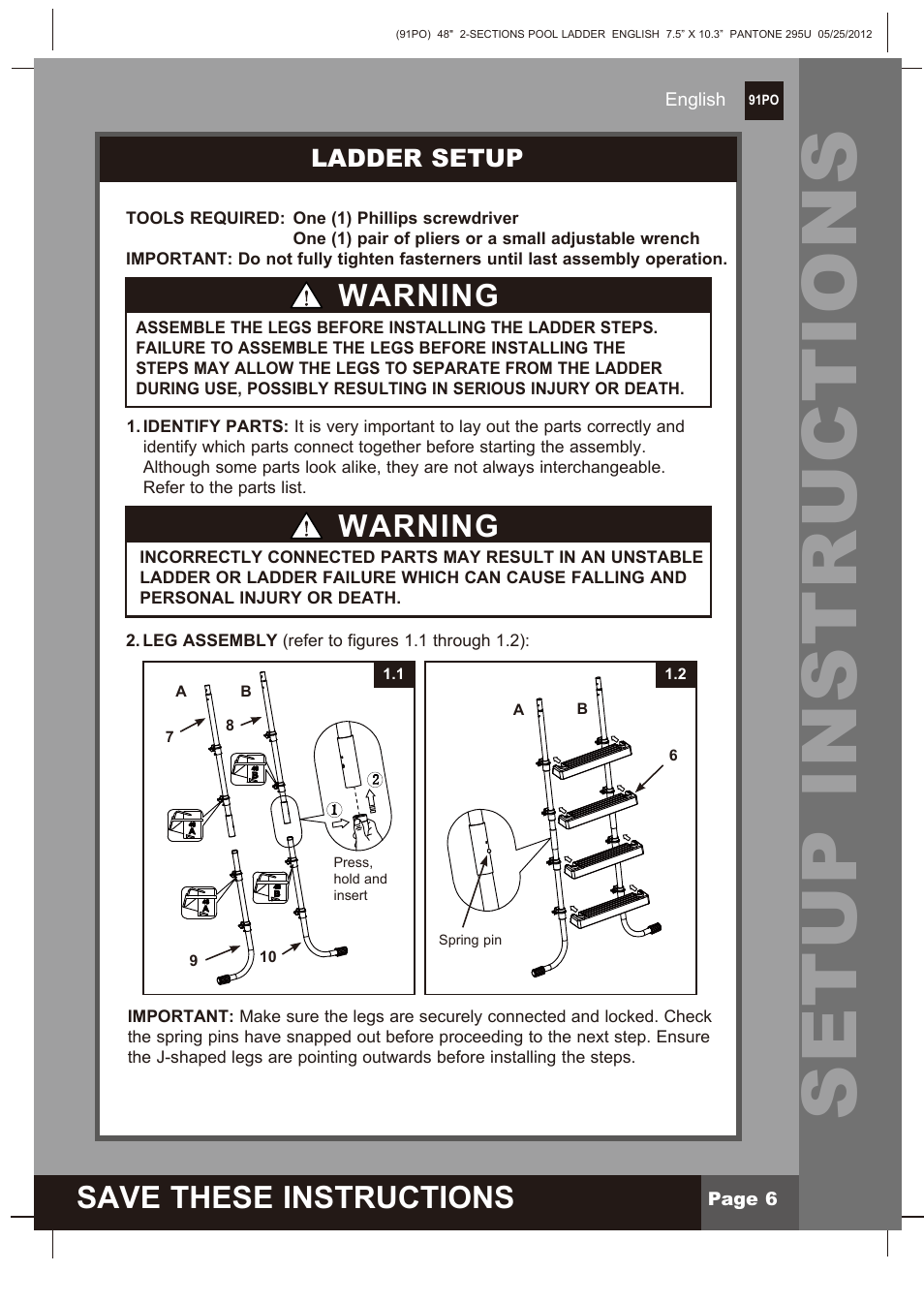 Setup instructions, Save these instructions, Warning | Ladder setup | Intex Pool Ladder For 48in (122 cm) model 2013 User Manual | Page 6 / 10