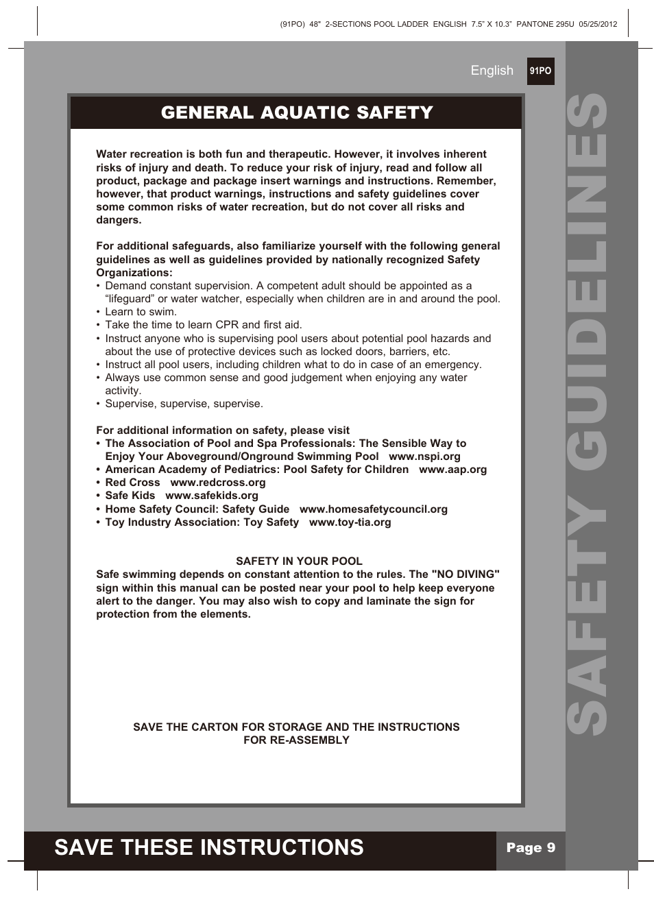 Safety guidelines, Save these instructions, General aquatic safety | Intex Pool Ladder For 48in (122 cm) model 2013 User Manual | Page 9 / 10