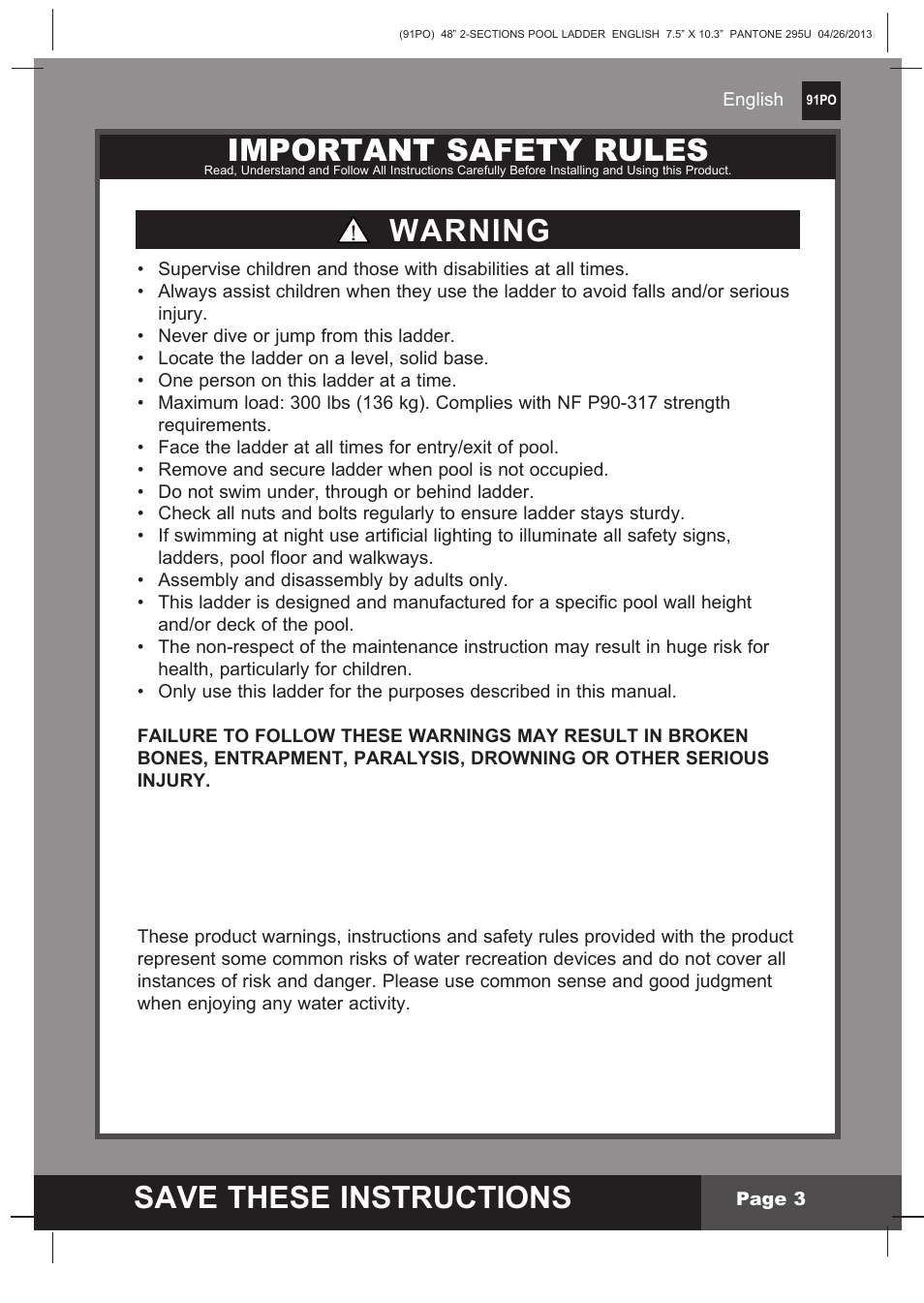 Save these instructions, Important safety rules, Warning | Intex Pool Ladder For 48in (122 cm) model 2014 User Manual | Page 3 / 9