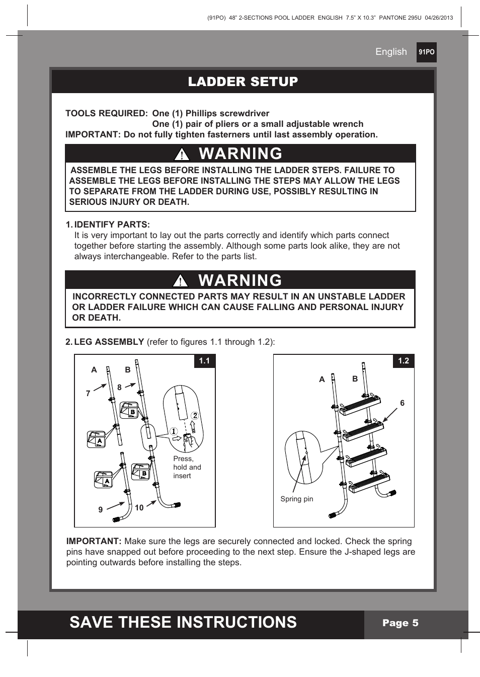 Save these instructions, Warning, Ladder setup | Intex Pool Ladder For 48in (122 cm) model 2014 User Manual | Page 5 / 9