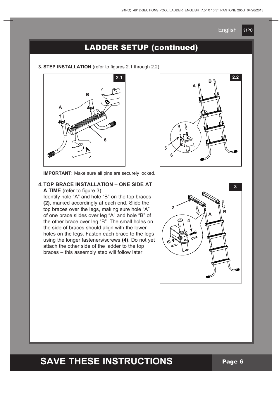Save these instructions, Ladder setup (continued) | Intex Pool Ladder For 48in (122 cm) model 2014 User Manual | Page 6 / 9