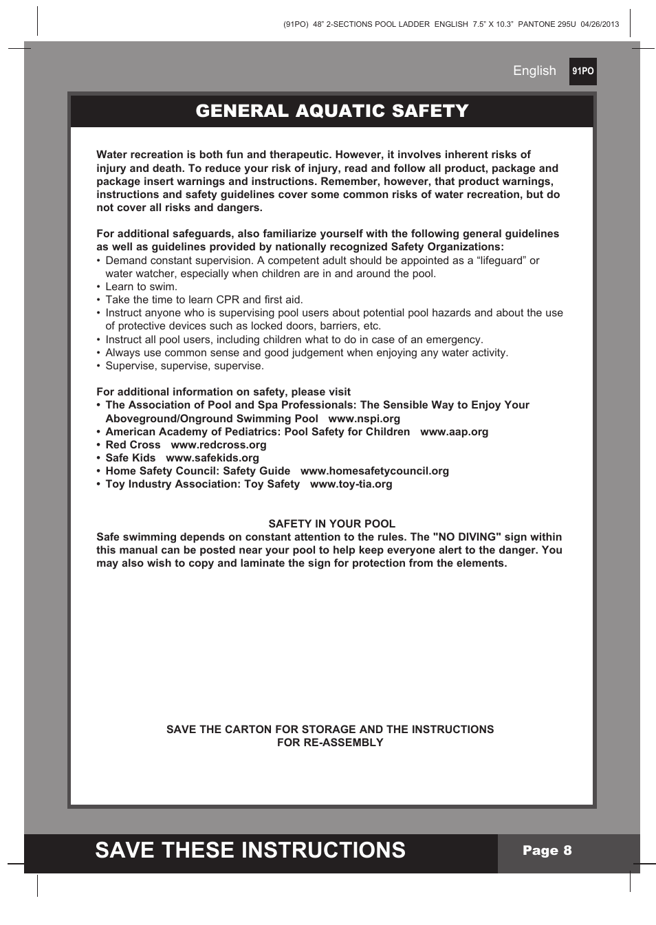 Save these instructions, General aquatic safety | Intex Pool Ladder For 48in (122 cm) model 2014 User Manual | Page 8 / 9