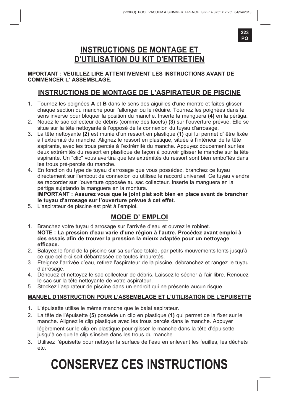 Conservez ces instructions | Intex POOL MAINTENANCE KIT ASSEMBLY v.3 User Manual | Page 2 / 4
