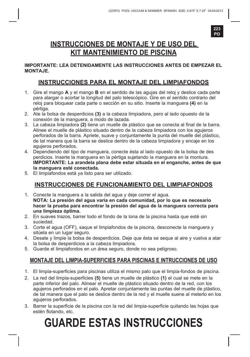 Guarde estas instrucciones | Intex POOL MAINTENANCE KIT ASSEMBLY v.3 User Manual | Page 3 / 4