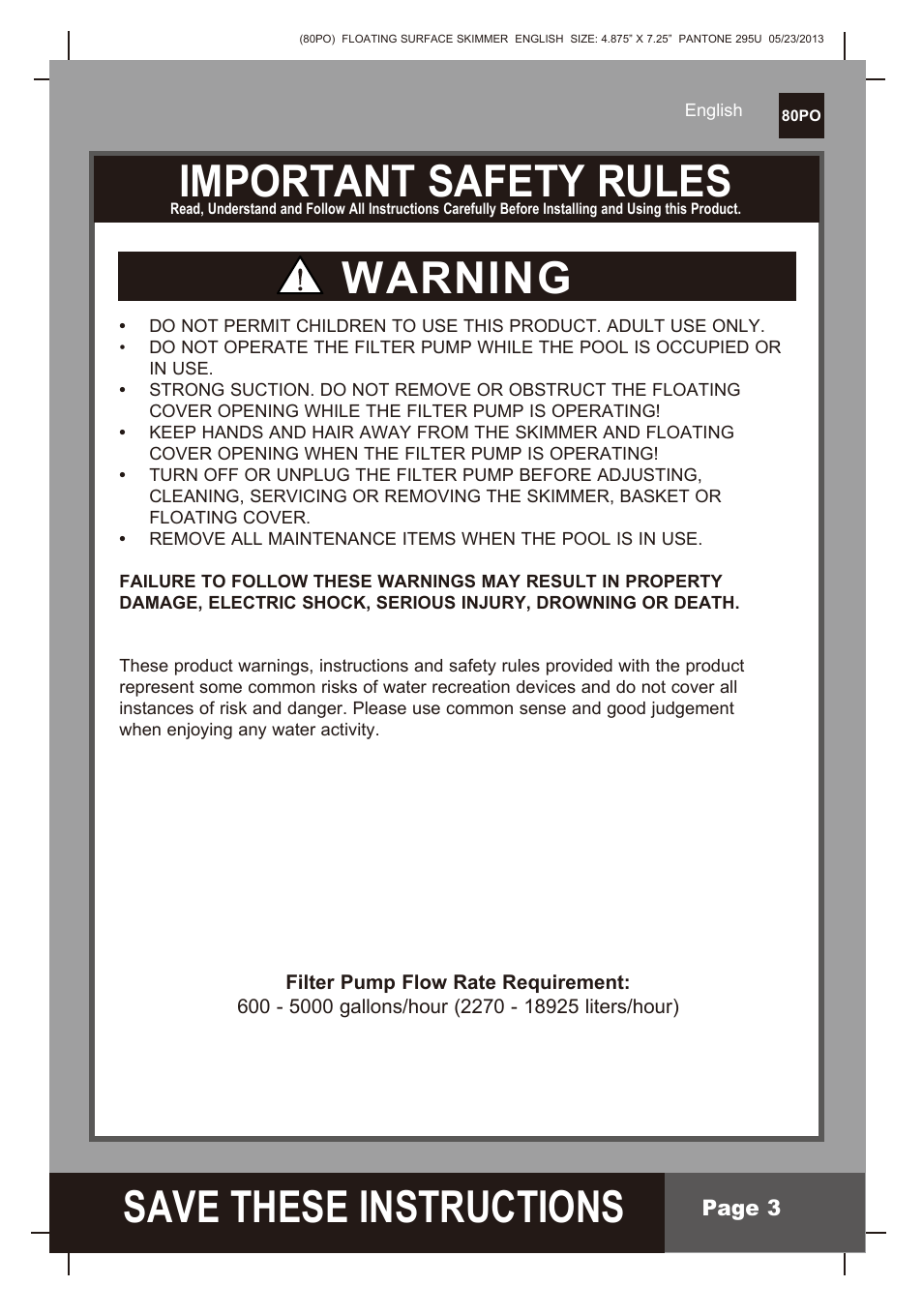 S ave these instructions, Important safety rules, Warning | Intex Floating Surface Skimmer v.3 User Manual | Page 3 / 10