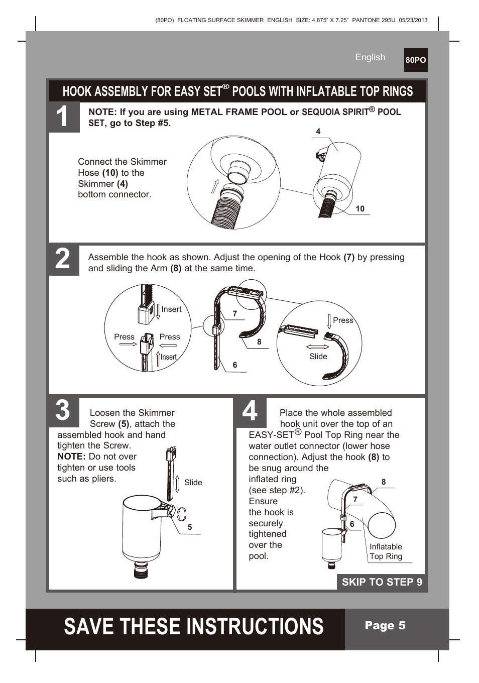 S ave these instructions, Hook assembly for easy set, Pools with inflatable top rings | Intex Floating Surface Skimmer v.3 User Manual | Page 5 / 10