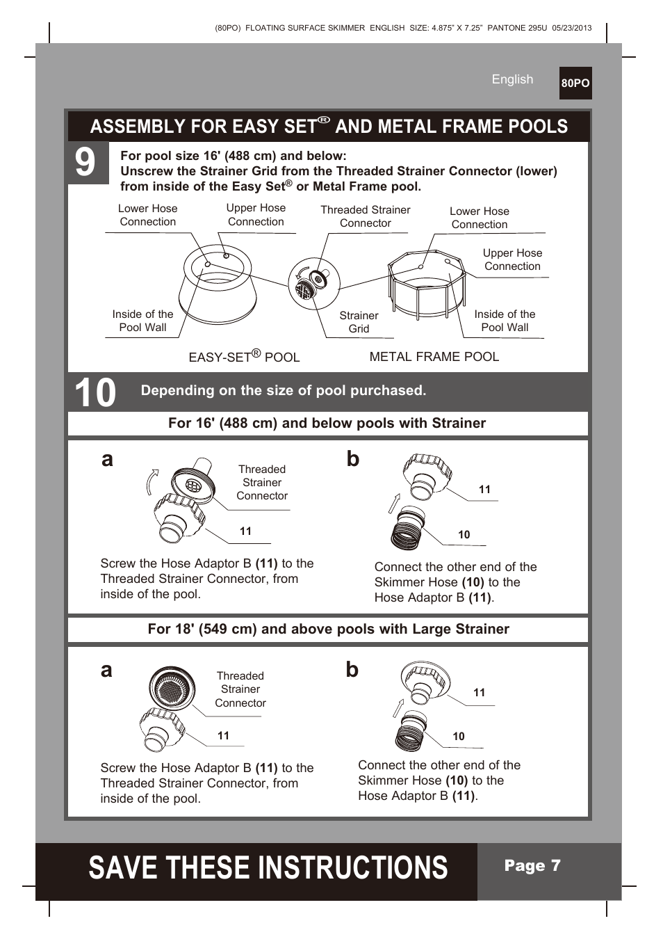 S ave these instructions, Assembly for easy set, And metal frame pools | Intex Floating Surface Skimmer v.3 User Manual | Page 7 / 10