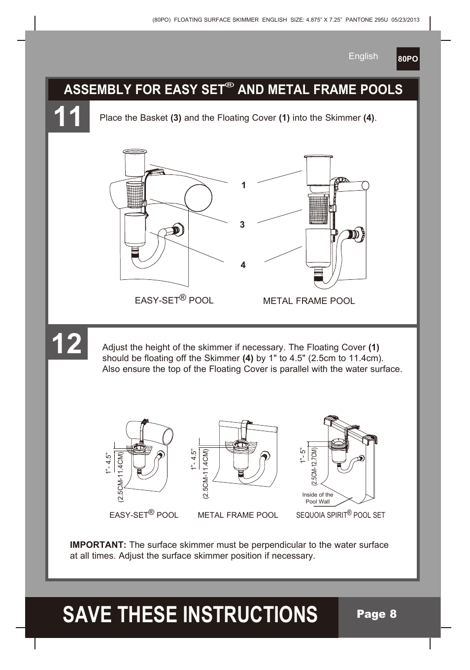 S ave these instructions, Assembly for easy set, And metal frame pools | Intex Floating Surface Skimmer v.3 User Manual | Page 8 / 10