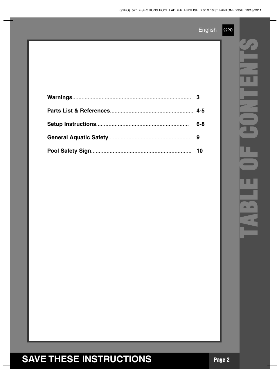 Tt aa bb ll ee oo ff cc oo nn tt ee nn tt ss | Intex Pool Ladder For 52in (132 cm) model 2012 User Manual | Page 2 / 11