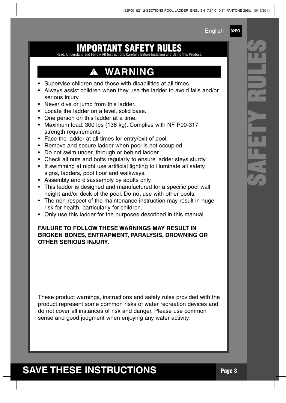 Ss aa ff ee tt yy rr uu ll ee ss | Intex Pool Ladder For 52in (132 cm) model 2012 User Manual | Page 3 / 11
