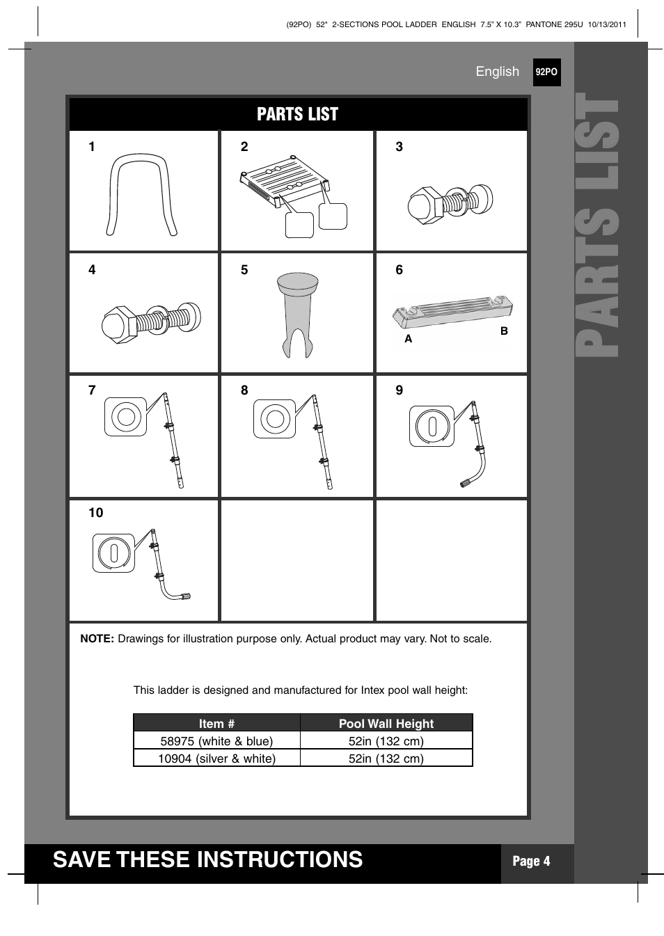 Pp aa rr tt ss ll iiss tt, Save these instructions | Intex Pool Ladder For 52in (132 cm) model 2012 User Manual | Page 4 / 11