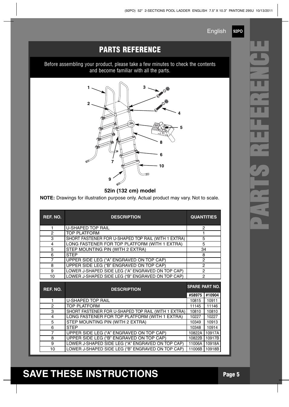 Pp aa rr tt ss rr ee ff ee rr ee nn cc ee, Save these instructions | Intex Pool Ladder For 52in (132 cm) model 2012 User Manual | Page 5 / 11