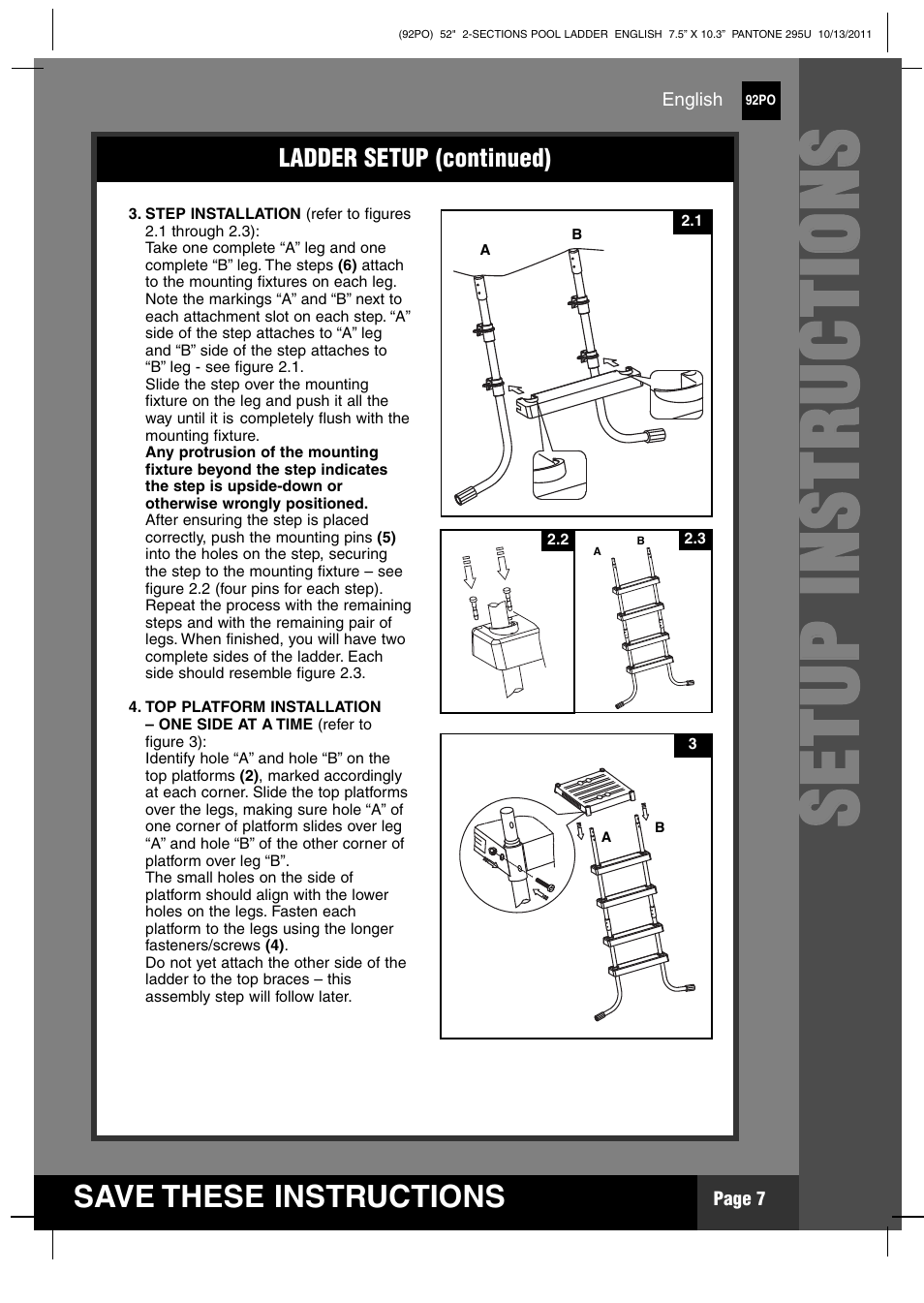 Ss ee tt uu pp ii nn ss tt rr uu cc tt iioo nn ss | Intex Pool Ladder For 52in (132 cm) model 2012 User Manual | Page 7 / 11