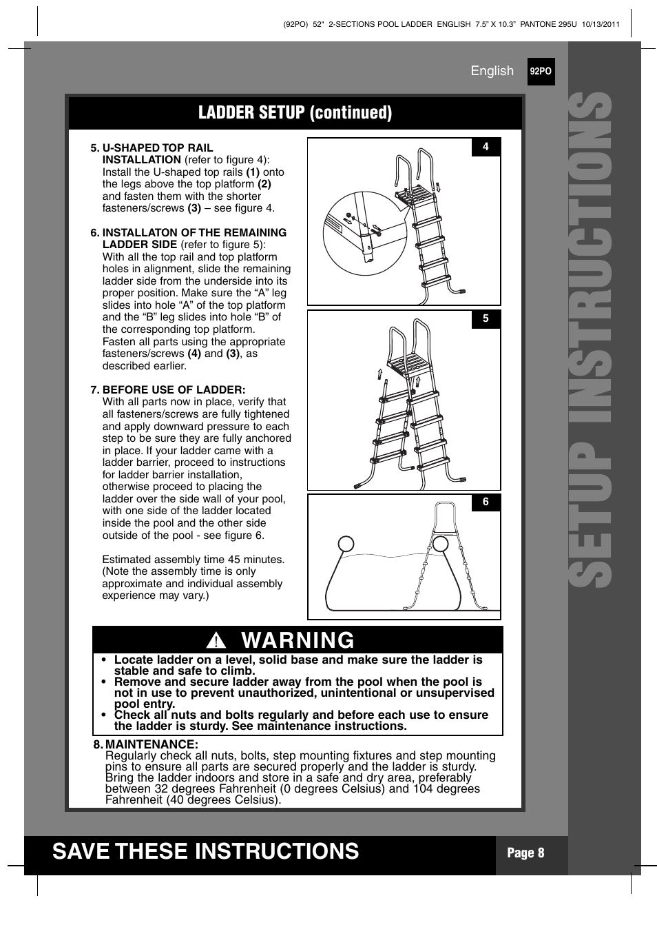 Ss ee tt uu pp ii nn ss tt rr uu cc tt iioo nn ss | Intex Pool Ladder For 52in (132 cm) model 2012 User Manual | Page 8 / 11