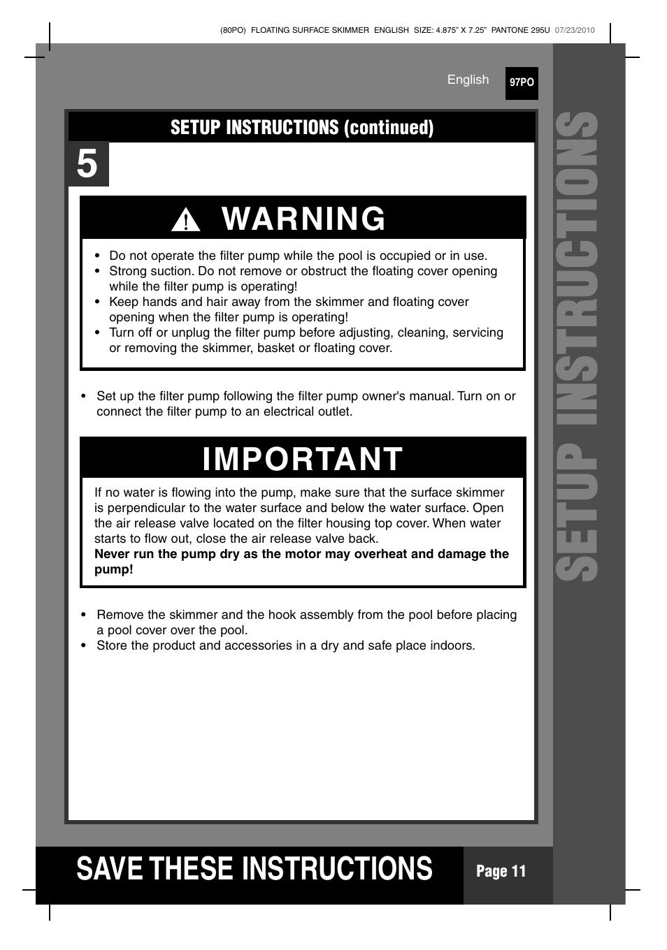 S ave these instructions, Warning, Important | Intex Deluxe Maintenance Kit 2011 User Manual | Page 11 / 20